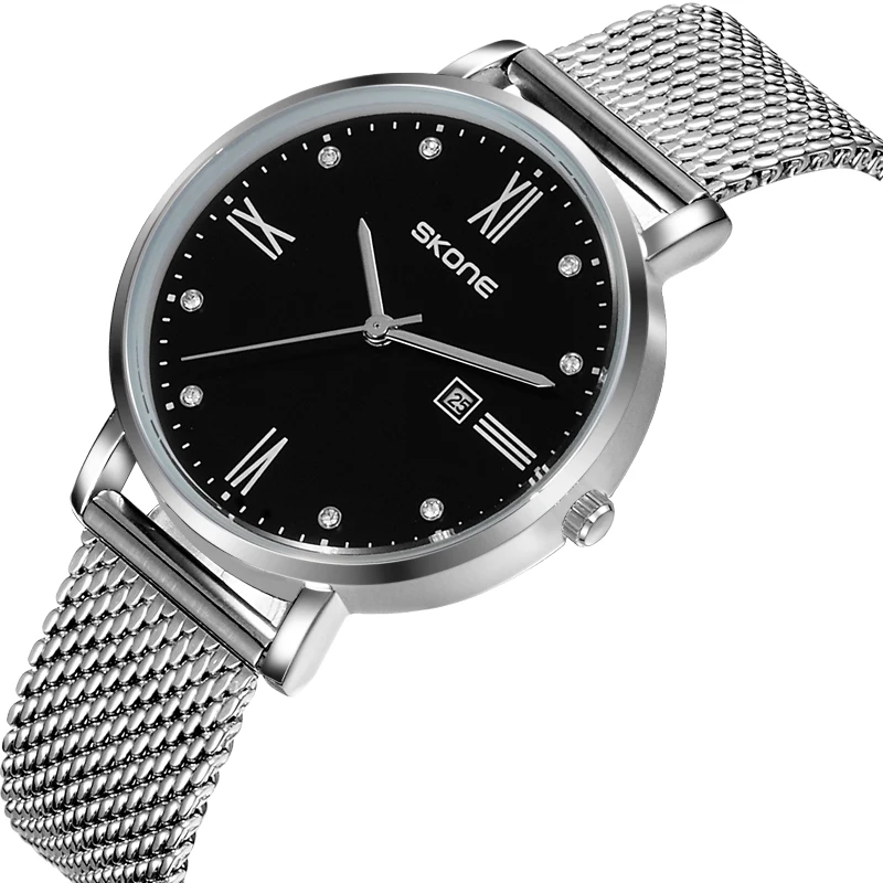 

Skone Brand Business Women Watches Luxury Rhinestone Quartz Clock Mesh Watchband Roman Numerals Ladies Wrist Watch reloj mujer