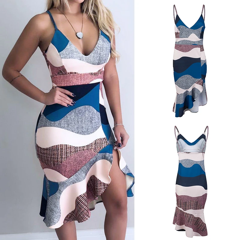 

Summer Printed Slim Irregular Sexy Deep V-Neck Beach Women Dress