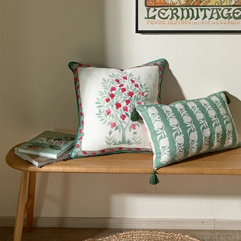 

Peach Pomegranate tree linen viscose pillow case 1pc AB side design handmade office home hotel accessory sofa throw pillow