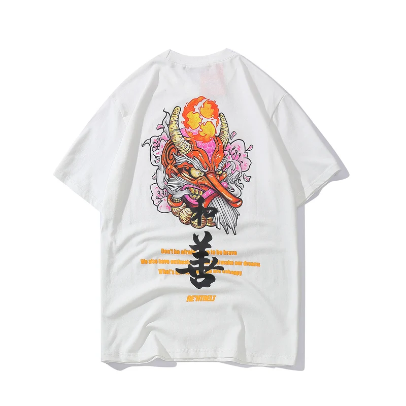 Bebovisi, японская Мужская футболка с демоном,, хип-хоп, с принтом дьявола, Мужская хлопковая футболка, мужская, Харадзюку, городская уличная одежда, Swag - Цвет: Белый