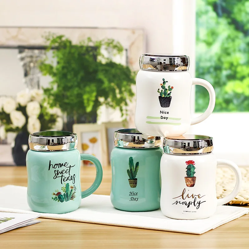 

500ml Cactus pattern green mug with lid,single layer Korean creative mug Drinkware Cute cartoon mugs mirror cover ceramic cup
