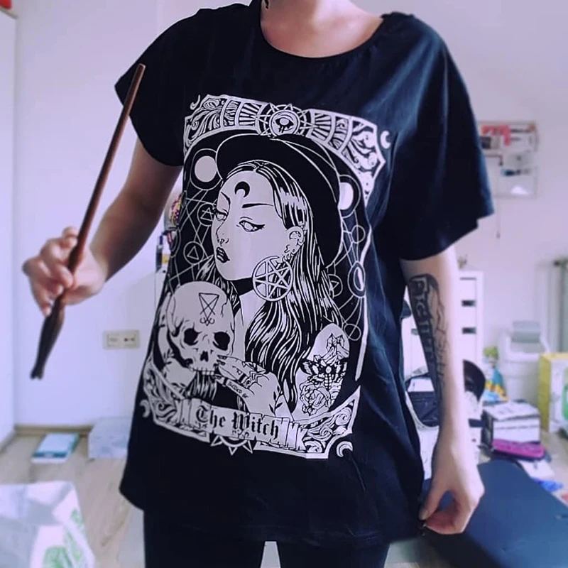 InsGoth Женская Harajuku черная свободная футболка Готическая с принтом ведьмы гранж уличная Женская свободная футболка модная Эстетическая футболка