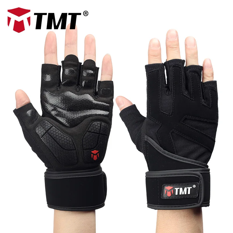 TMT гимнастические перчатки Кроссфит гантели, спорт перчатки для тяжелой атлетики дышащие противоскользящие прокладки для упражнений Фитнес для похудения - Цвет: Black
