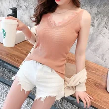 Без рукавов Вязанный жилет Женский пуловер с v-образным вырезом тонкие подтяжки нижний кружевной свитер Casaco Feminino