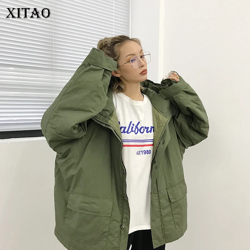 Casual Couleur Zll1942 Femmes Couvert Solide Lâche Parka Zll1942 2018 army Black Plein Femme Green xitao Automne Bouton Corée Manches Mode AO4qqnCXp