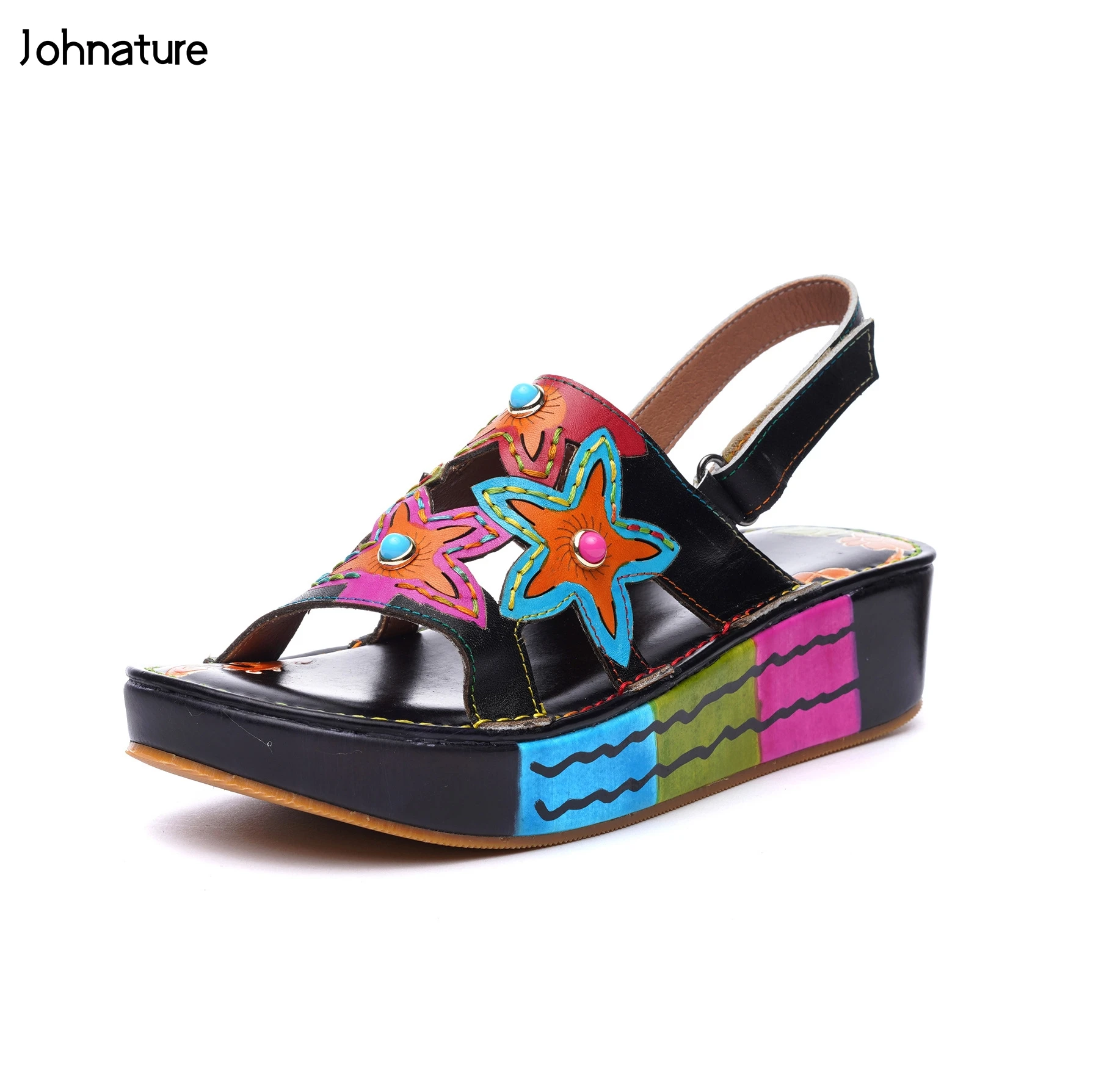 

Johnature Genuine Leather New Ankle-wrap Summer Sandals Casual Hook & Loop Hand-painted Retro Totem Wedges Ethnic Women Shoes