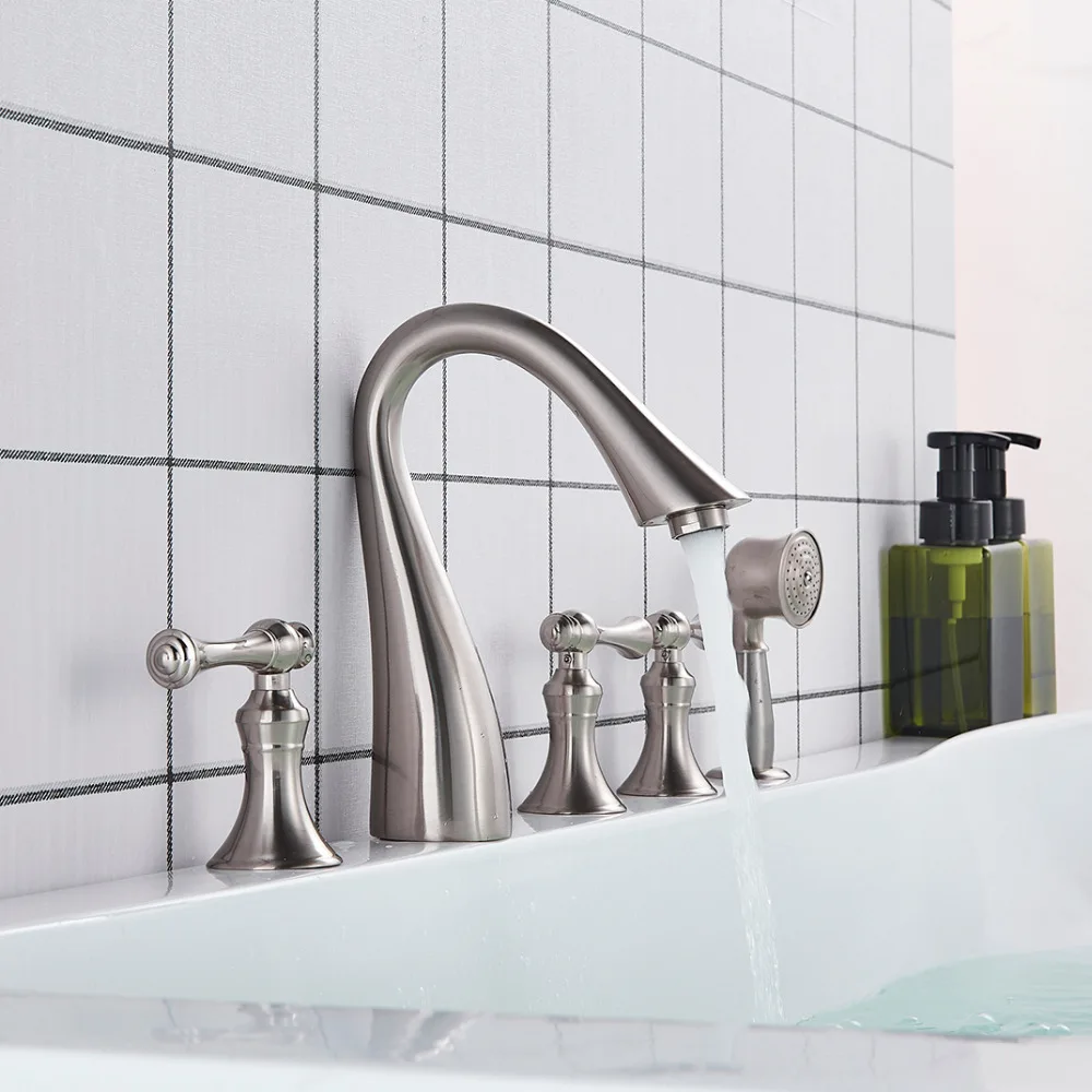 Brushed Nickel Bathroom Shower Tub Faucet Deck Mounted Three