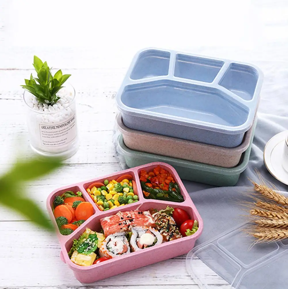 

1000ml Portable 4 Grids Bento Box Lunch Holder Picnic Food Storage Container Wheat Straw PP Lunch Box Dinnerware for Students
