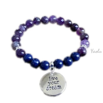 

12pcs/lot Purple amethyst blue lapis lazuli gemstone bracele stretch bracelet with charm motivational inspiration bracelet