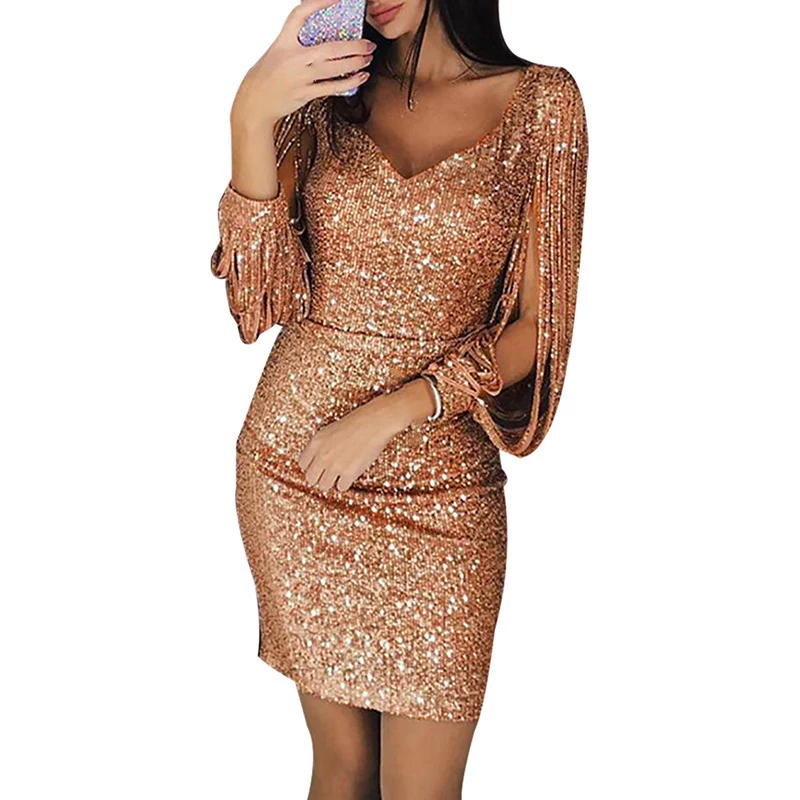 

Women's elegant dress Sexy V-neck Long-sleeved Tassel Ball Gowns Glitter Sequins Stitching Shining Party Cocktail mini Dresses