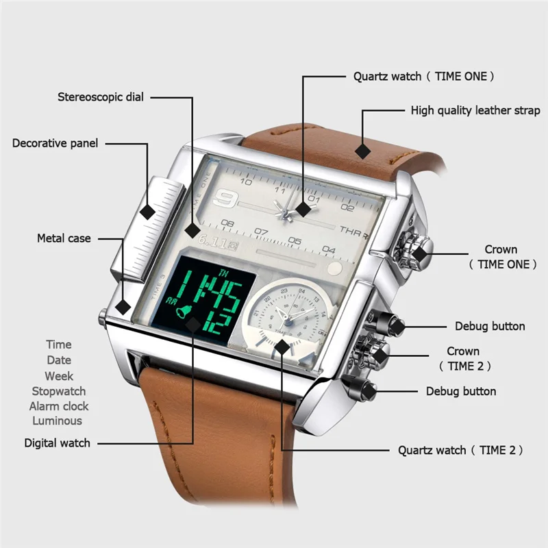 6,11 светодиодный цифровые часы мужские роскошные брендовые кварцевые часы с двумя часовыми поясами большого размера мужские спортивные часы с кожаным ремешком Relogio Masculino
