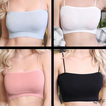 

Women Girls Seamless Bandeau Spaghetti Strap Off Shoulder Solid Color Bralette Wireless Thread Ribbed Underwear Summer Crop Tops
