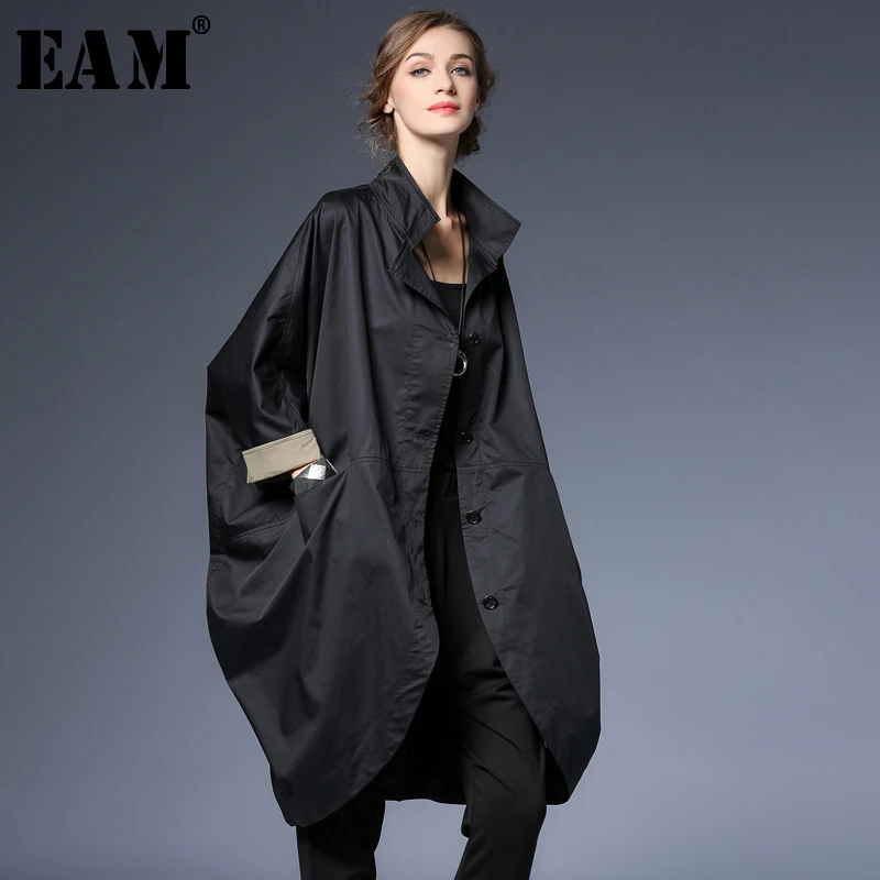 

[EAM] 2020 SpringNew Pattern Fashion Loose Big Size Black Stand Lead Hit Color Cuff Casual Thin Windbreaker Women Coat YC39601