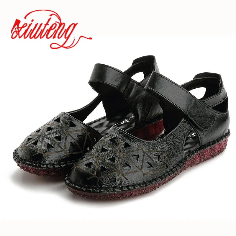Xiuteng/женские сандалии из натуральной кожи; дышащие сандалии с отверстиями; износостойкие Летние вьетнамки; шлепанцы; обувь на плоской подошве - Цвет: 9902 Black