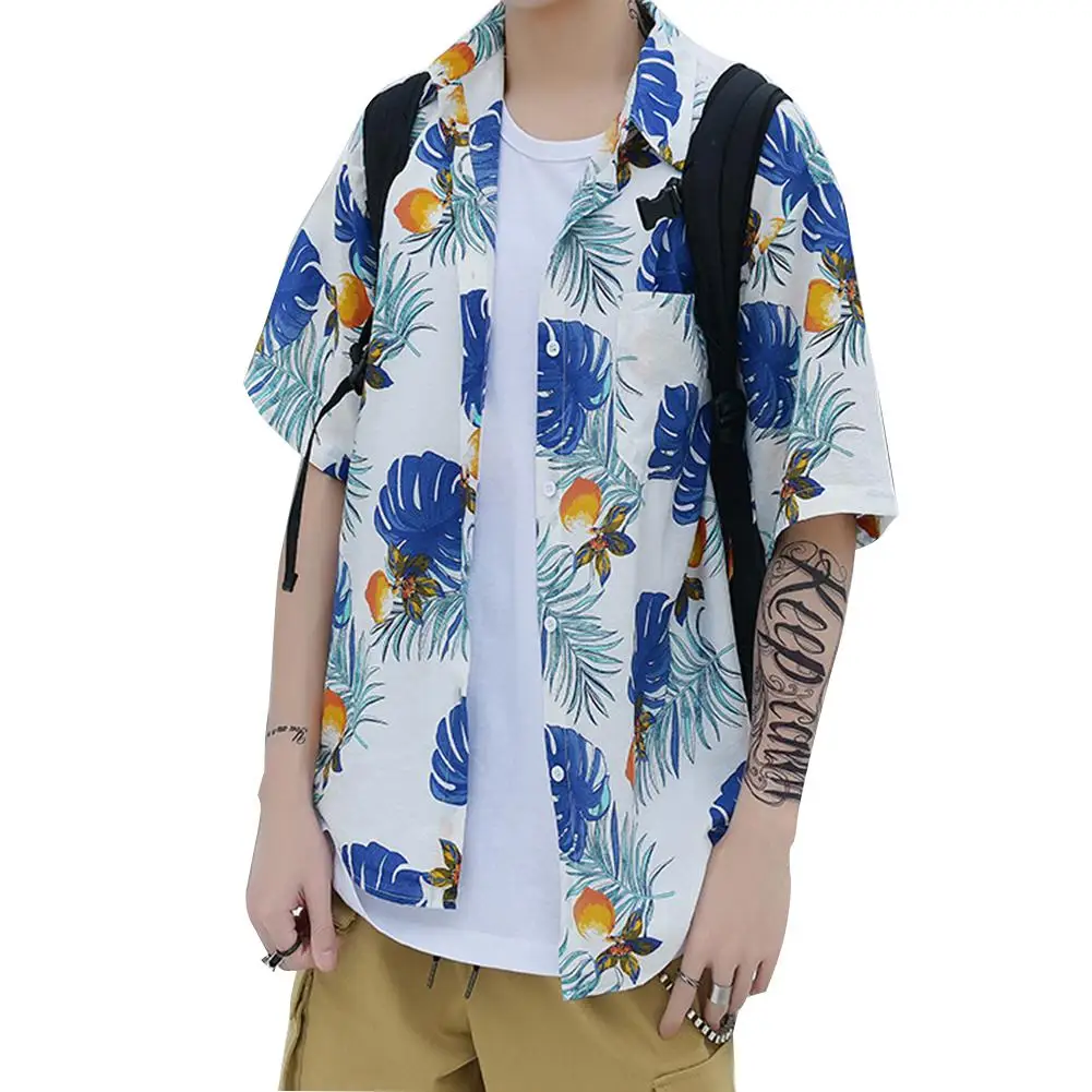 

Yfashion Unisex Floral Hawaiian Style Shirt Man Floral Leafs Printing Loose Robe Large Size Sunscreen Tops Shirts Summer