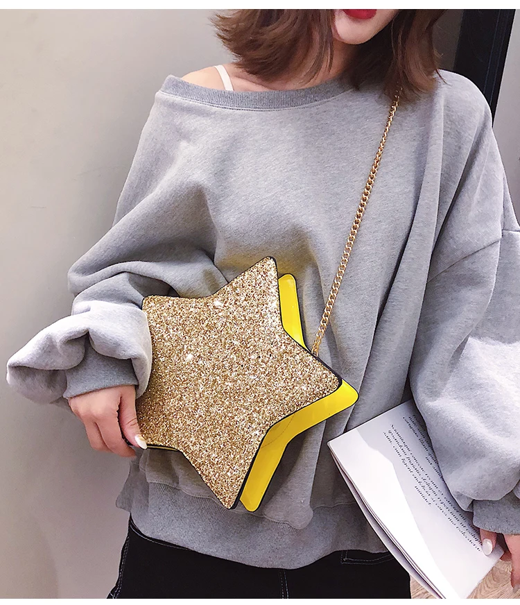 Sequins Stars Style Pu Leather Fashion Casual Ladies Chain Purse Shoulder Bag Tote Crossbody Mini Bag Female Bolsa Handbag Flap