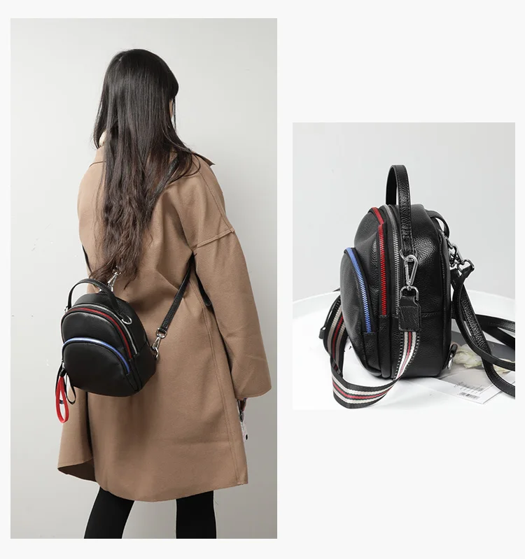 2021 Spring Contrast Color Cow Leather Women Bag Pack Korean Soft Leather Mini Backpack Preppy Style Girl School Bag 3 Strap