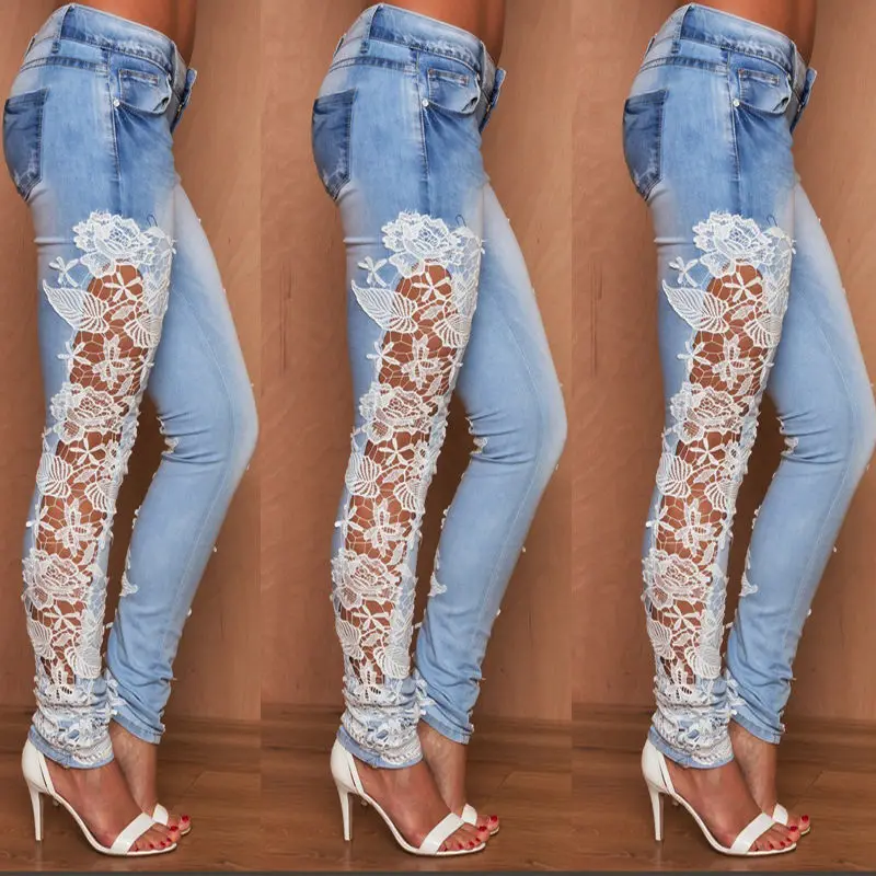 

New 2019 Fashion Femme Cutouts Lace Jeans Woman Low Rise Stretch Skinny Jeans Dentelle Jean Sexy Slim Ladies Side Spliced Design