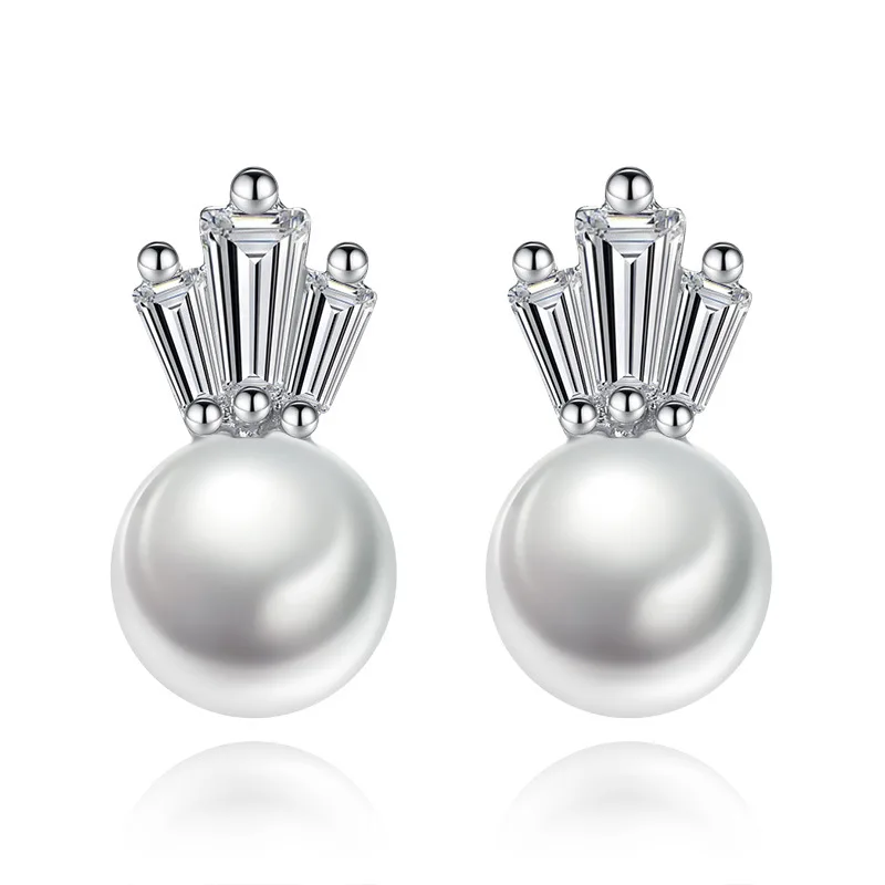 

100% 925 sterling silver fashion shiny crystal imitation pearl stud earrings for women wholesale jewelry birthday gift hot sale