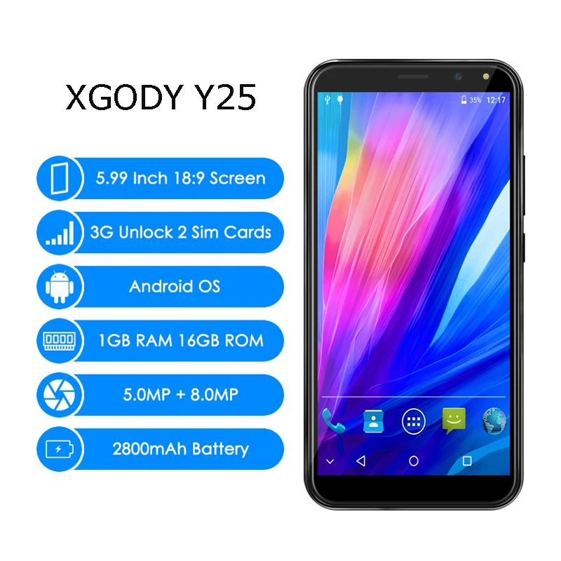 XGODY 3G Dual Sim Smartphone 5.99 Inch 18:9 Quad Core 1GB+16GB Smart Android 2800mAh Full Screen 8.0MP Mobile Phone Cellphone XGODY 3G Dual Sim Smartphone 5.99 Inch 18:9 Quad Core 1GB+16GB Smart Android 2800mAh Full Screen 8.0MP Mobile Phone Cellphone