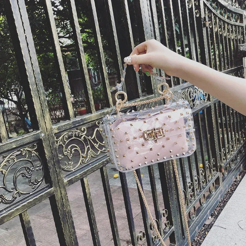 

Youbroer Rivet Chain 2019 New Small Women's Tote Bag Clear Shoulder Bags Female Handbag Beach Transparent Jelly Crossbody Bag
