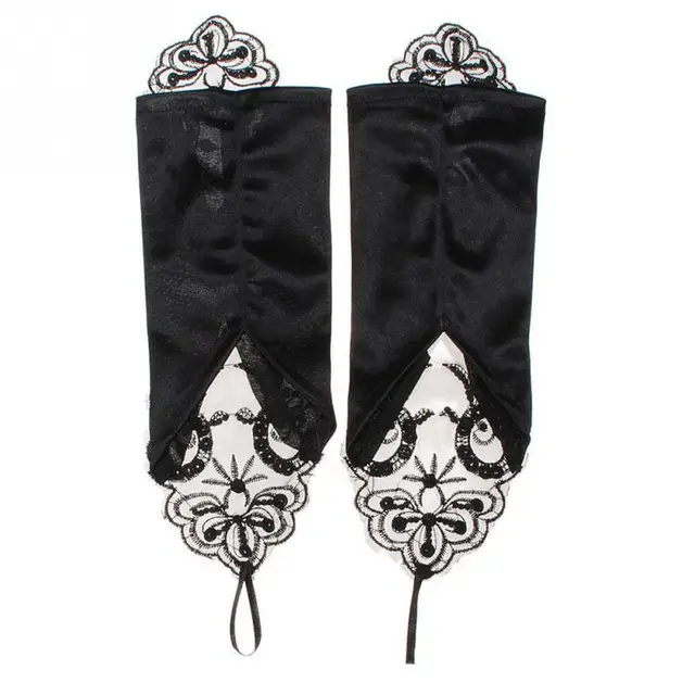 Fashion Lace Long Gloves Black Beading Stretch Fingerless Embroidered Gloves Retro Gothic