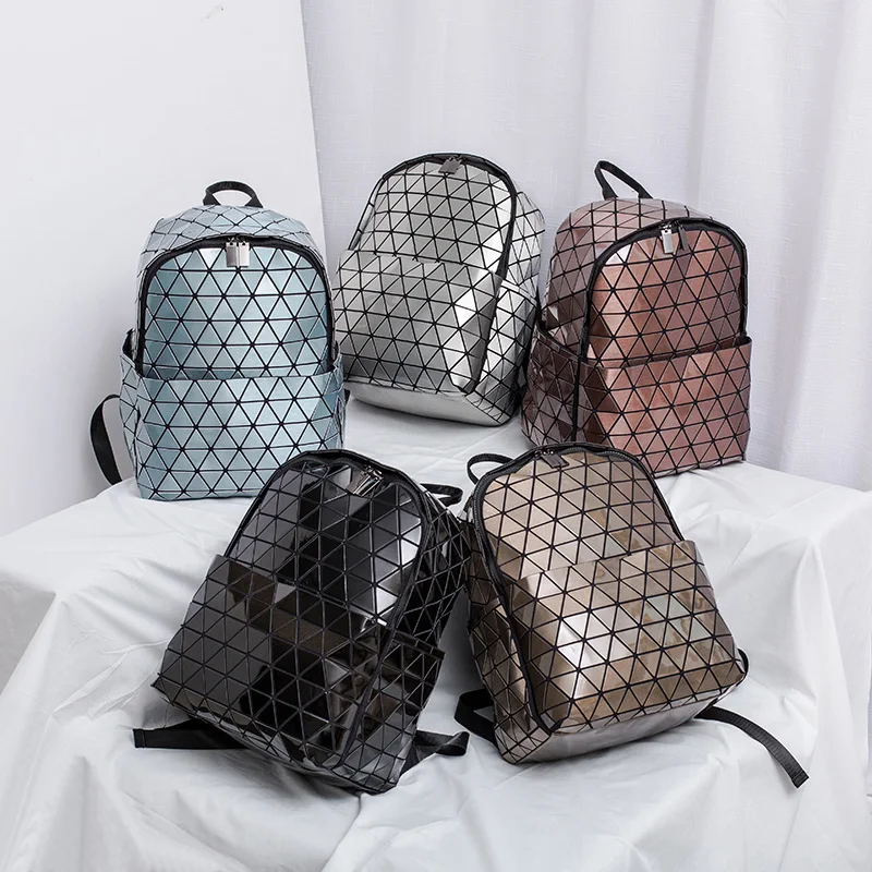 

Metal Luster Plaid Diamond Geometric Triangle Patchwork Laser Hologram PU Teenagers School bag Girl Folding Mini Women Backpack