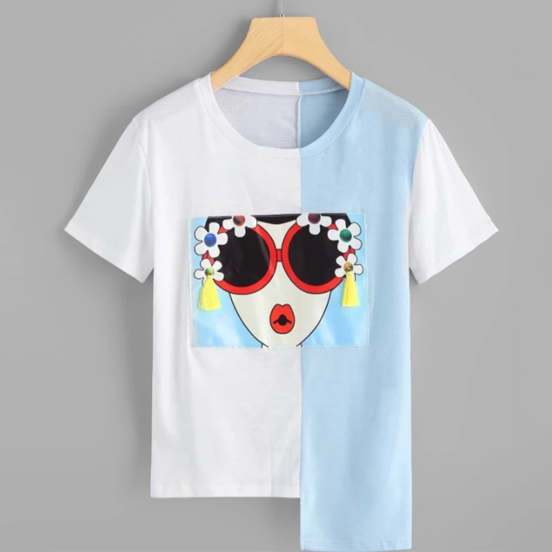 light blue Женские футболки с асимметричным подолом и бахромой, круглый вырез, короткий рукав, Асимметричная футболка, летние свободные футболки - Цвет: light blue