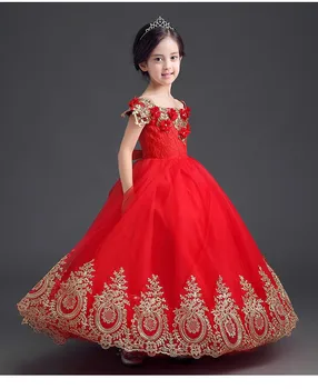 

2018 summer Wedding Dress for girl Red Lace Appliques Party Tulle Princess Birthday Dress First Communion Gown for Girls
