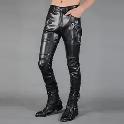 Черные мотоциклетные брюки из искусственной кожи мужские повседневные штаны прямые PU обтягивающие штаны для Мужская одежда на молнии с