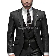 Блестящий черный мужской костюм фрак для мужчин заостренный лацкан мужской костюм жениха костюм из 3 предметов(куртка+ брюки+ жилет+ галстук