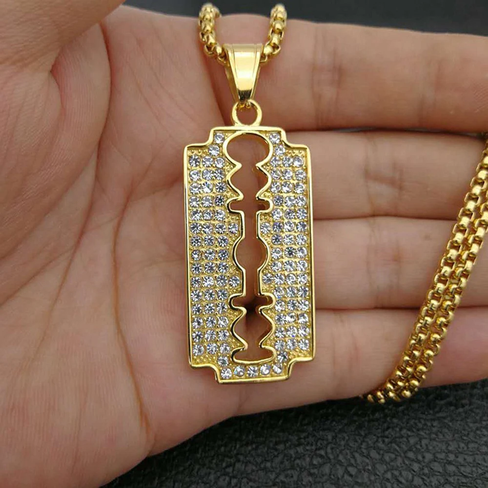 

Iced Out Micro CZ Blade Pendant Stainless Steel Chain Necklace Gold Color Male Hip Hop Punk Necklaces Jewelry AAN026