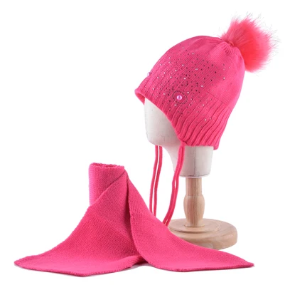 Детский зимний шапка теплый комплект с шарфом однотонные вязаные шапочки со стразами для маленьких девочек детские толстые бархатные вязаные шапки с ушками - Цвет: Pink2
