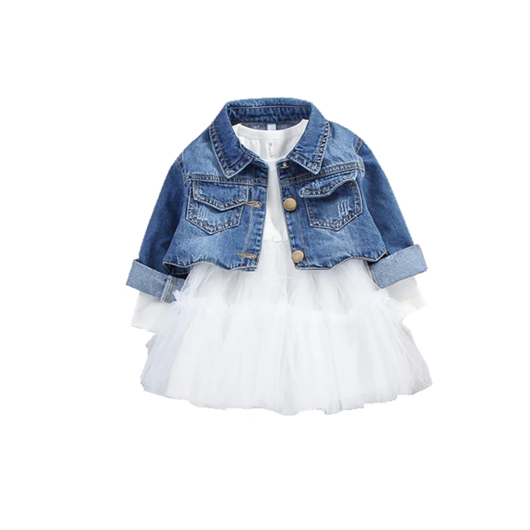 

New arrival 2018 Autumn Baby dress Washed Denim Jeans coat outwear with Lovely Mesh Ball Princess dress for Toddler girls