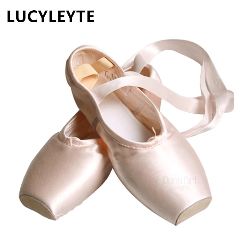 LUCYLEYTE ребенка и балет взрослых pointe танцевальная обувь Профессиональный розовый атлас Балетные пуанты танцевальная обувь с лентами женская