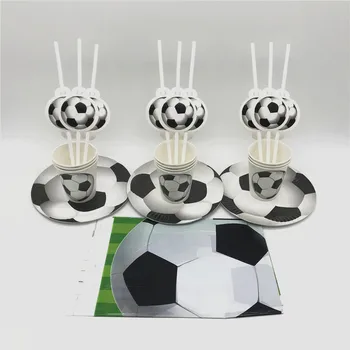

61Pcs/lot White Football Theme Design Child Birthday Party Paper 20Cup 20Plate 20Straw 1Tablecloth Event Party Decoration Supply