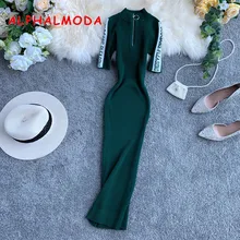 ALPHALMODA, Ранняя осень, БУКВЕННОЕ, на молнии, до середины икры, трикотажное, с коротким рукавом, обтягивающее, винтажное, женское, Vestidos