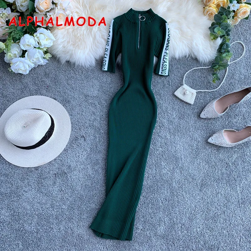 Женское трикотажное платье ALPHALMODA на молнии до середины икры с короткими рукавами