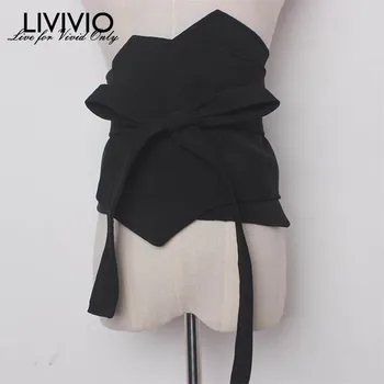 

[LIVIVIO] Bandage Bow Chain Wide Belts For Women Suede Girdle Asymmetry Black Women's Clothing Accessories Korean Fashion