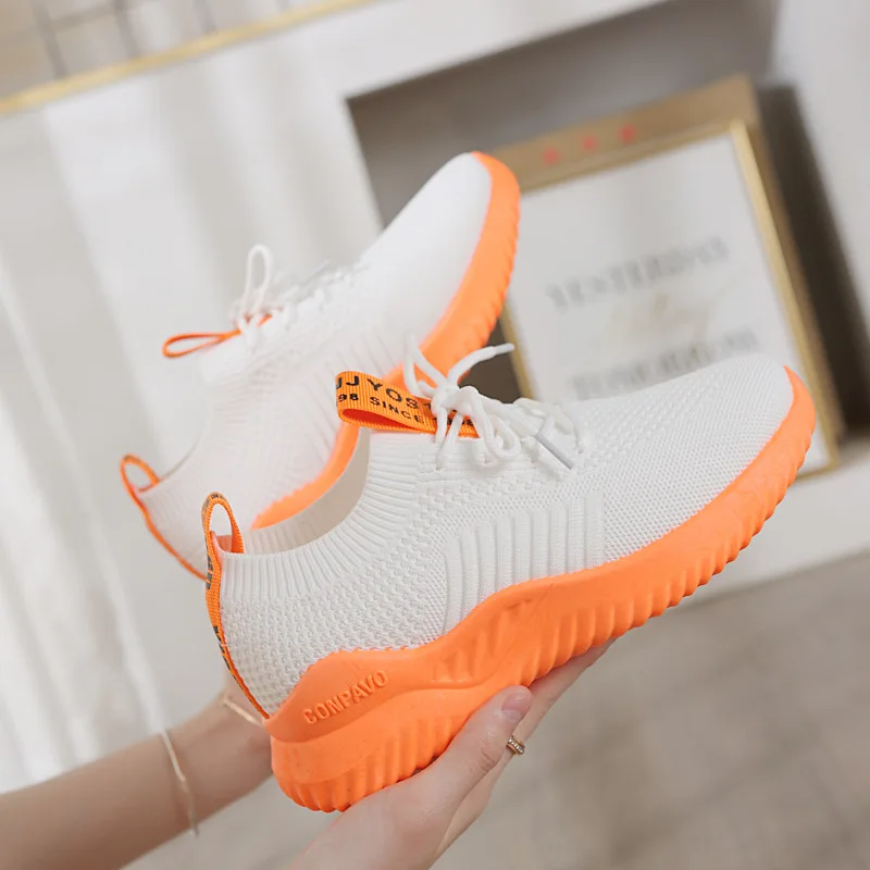 

Outdoor sock Sneakers Women Casual Plataforma Walking Shoes New Fashion Lightweight Breathable orange and white Shoes JINBEILE