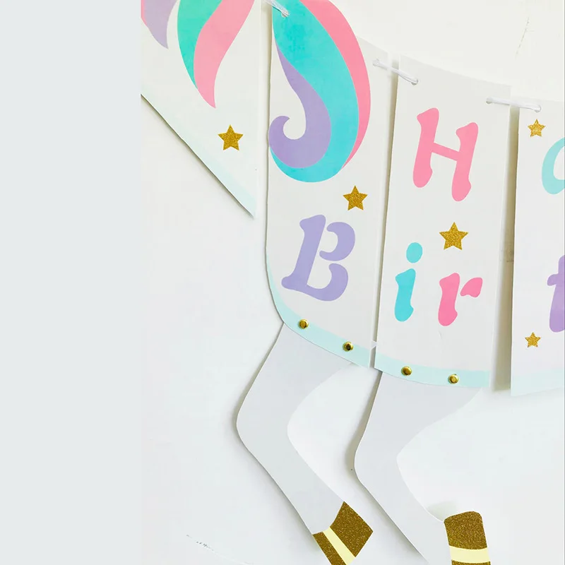 1pc Cartoon Unicorn Happy Birthday Banner Party Paper Flags  For Kids Birthday Decoration Party Supplies