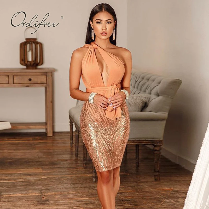 

Ordifree 2019 Summer Women Bandage Dress Club Wear Party Dress Backless Sexy Bodycon Gold Sequin Dress