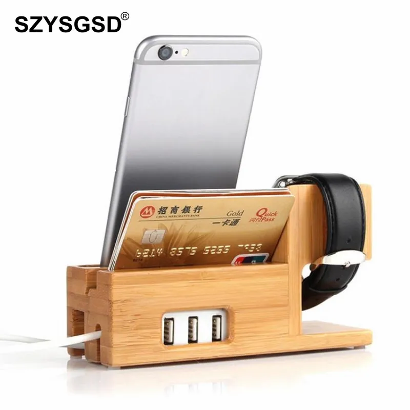 

Bamboo Desktop Stand For Apple Watch Bracket Docking Holder Charger For Iphone 8 7 7 Plus 6 6s Desktop Holder with USB Ports