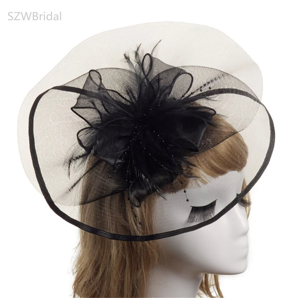 New Arrival Linen Feather Hats Handmade Bridal Elastic Net Flower