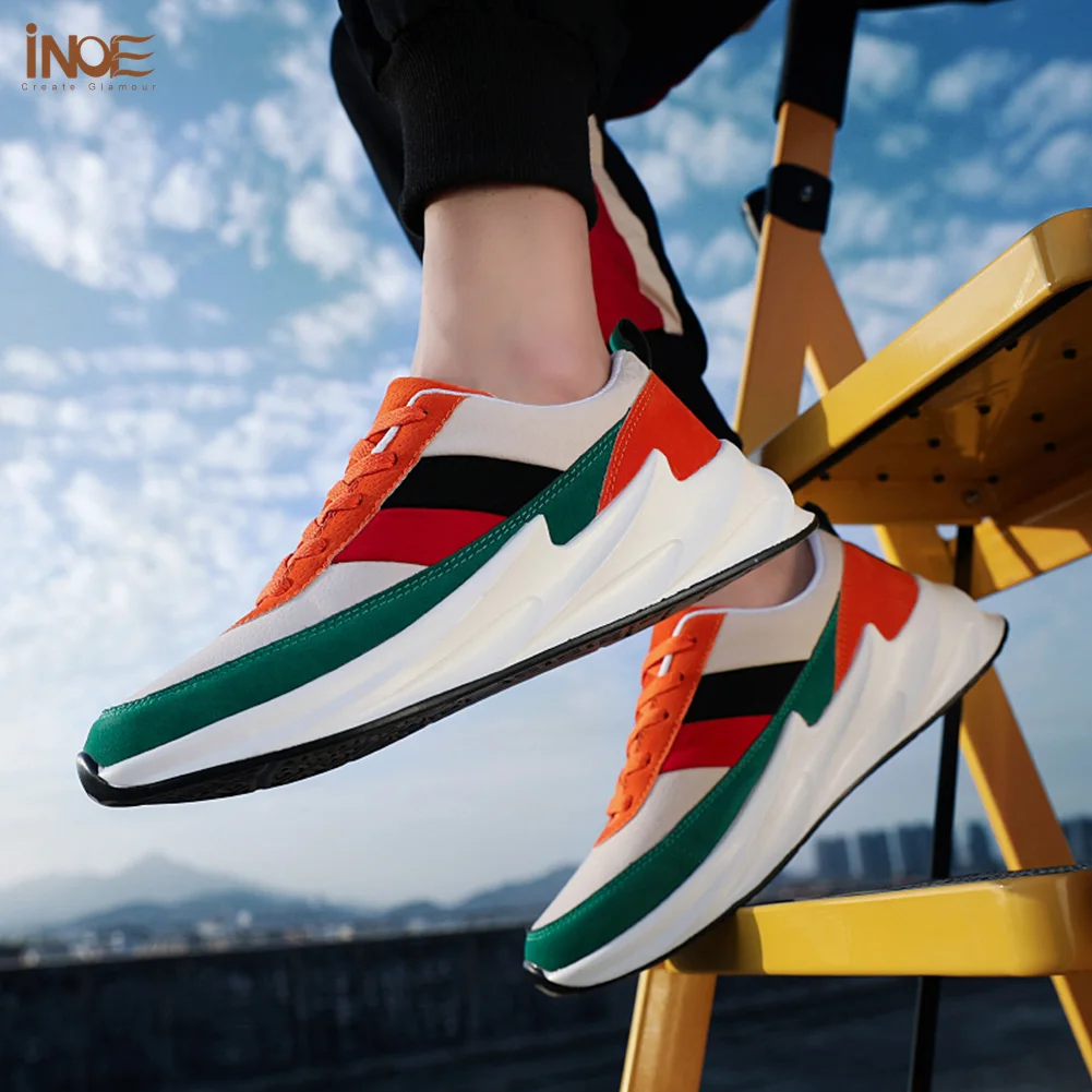 

INOE PU Leather Men Spring Sneakers Casual Shoes Breathable Flats Light Sole Autumn Man Leisure Shoes White Blade Sole
