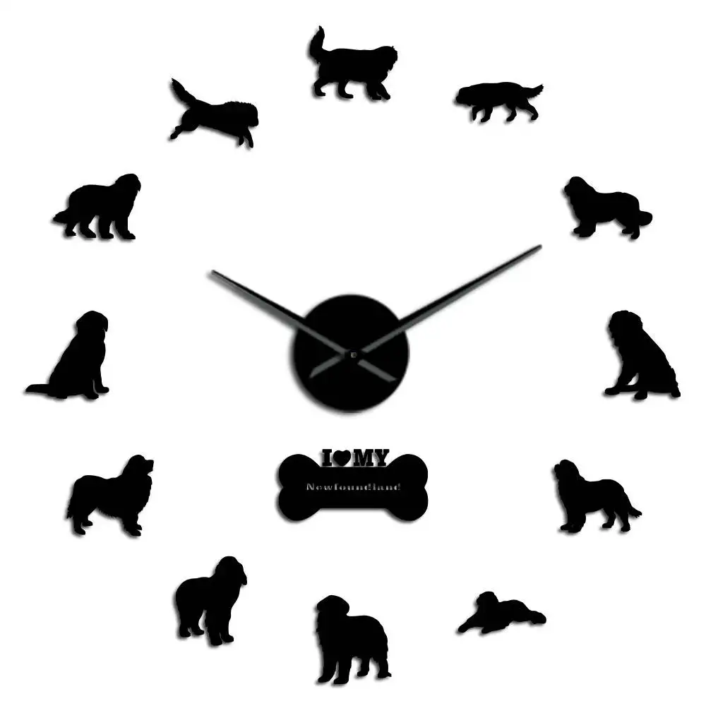 Бескаркасные Newfoundland собака порода 3D зеркальный эффект DIY настенные часы Newfie щенок акриловые наклейки часы ветеринар больница подарок - Цвет: Black