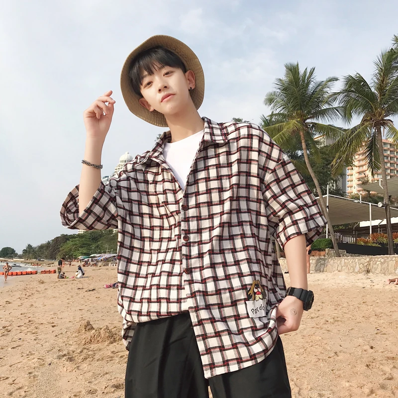 

18 Spring New Fashion Casual Loose Cat Printing Five Points Sleeve Plaid Shirt Shop Owner Wind Harajuku Leisure Japanese