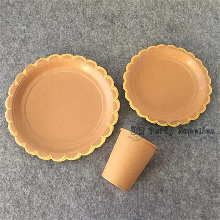 16 Sets Kraft Brown Paper Cups Gold Foil Scallop Dinner Plates Wedding Snack Dishes Engagement