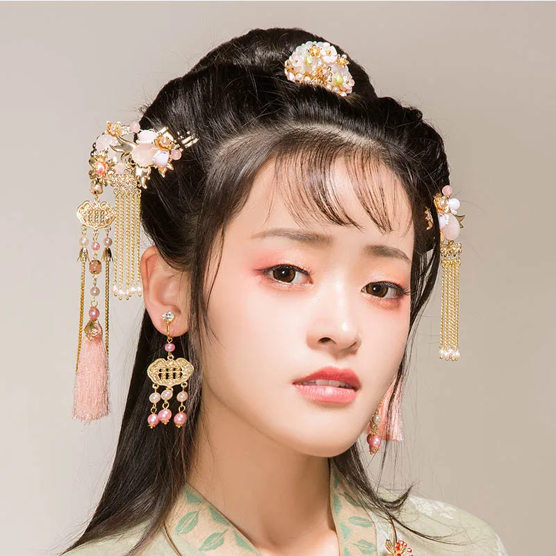 

FORSEVEN New Chinese Gold Bridal Bride Wedding Jewelry Hairpin Earring Set Headwear Headdress Phoenix Coronet Hair Ornament