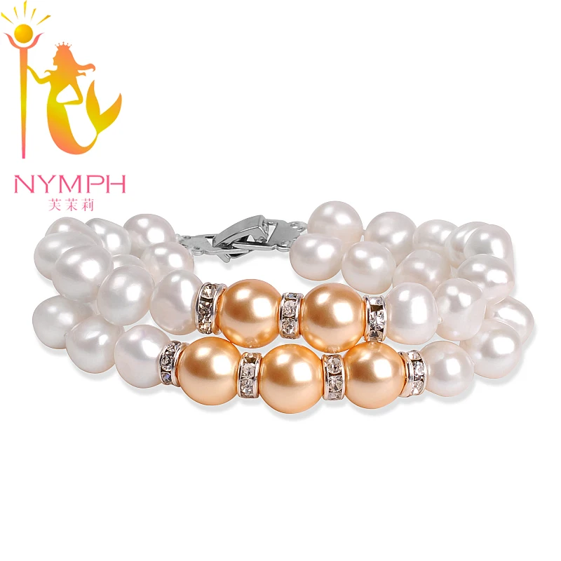 

NYMPH Pearl Bracelet Jewelry Natural Freshwater Baroque 2 rows Fashion Trendy Party Gift For Women [S105]